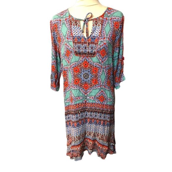 Democracy boho medallion teal and off red orangish paisley print 3/4 sleeves wit - Picture 1 of 12
